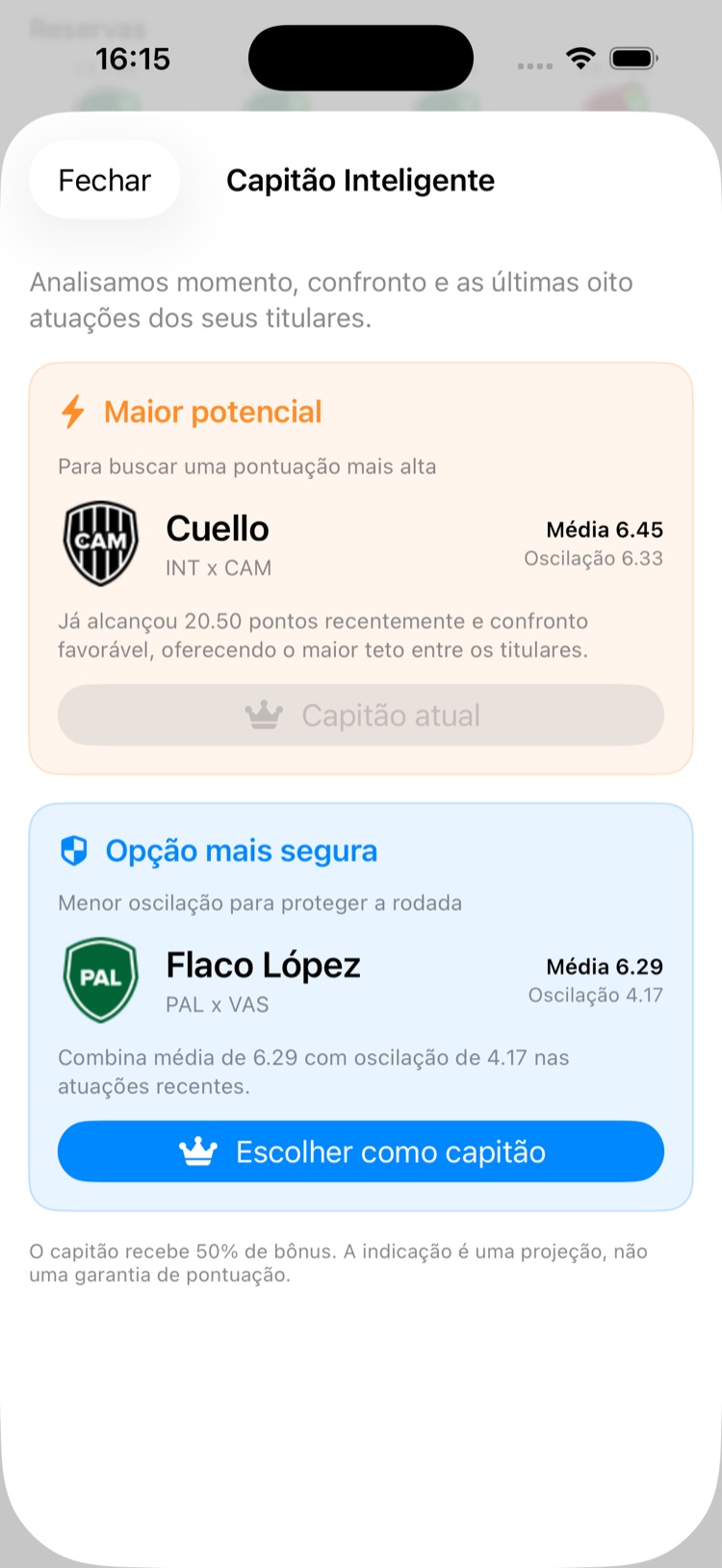 Recomendações do Capitão Inteligente