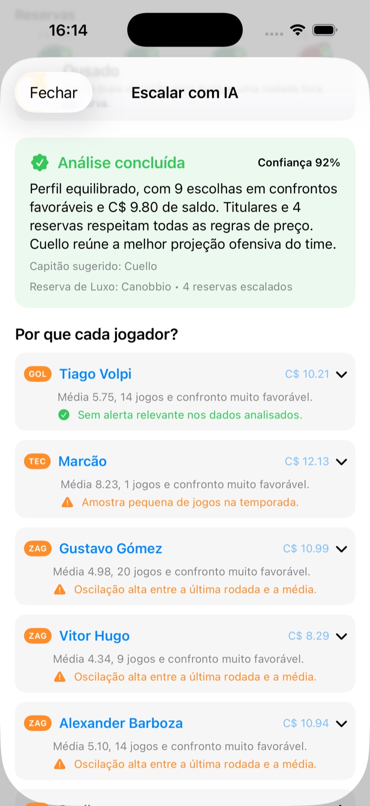 Análise da escalação gerada por IA