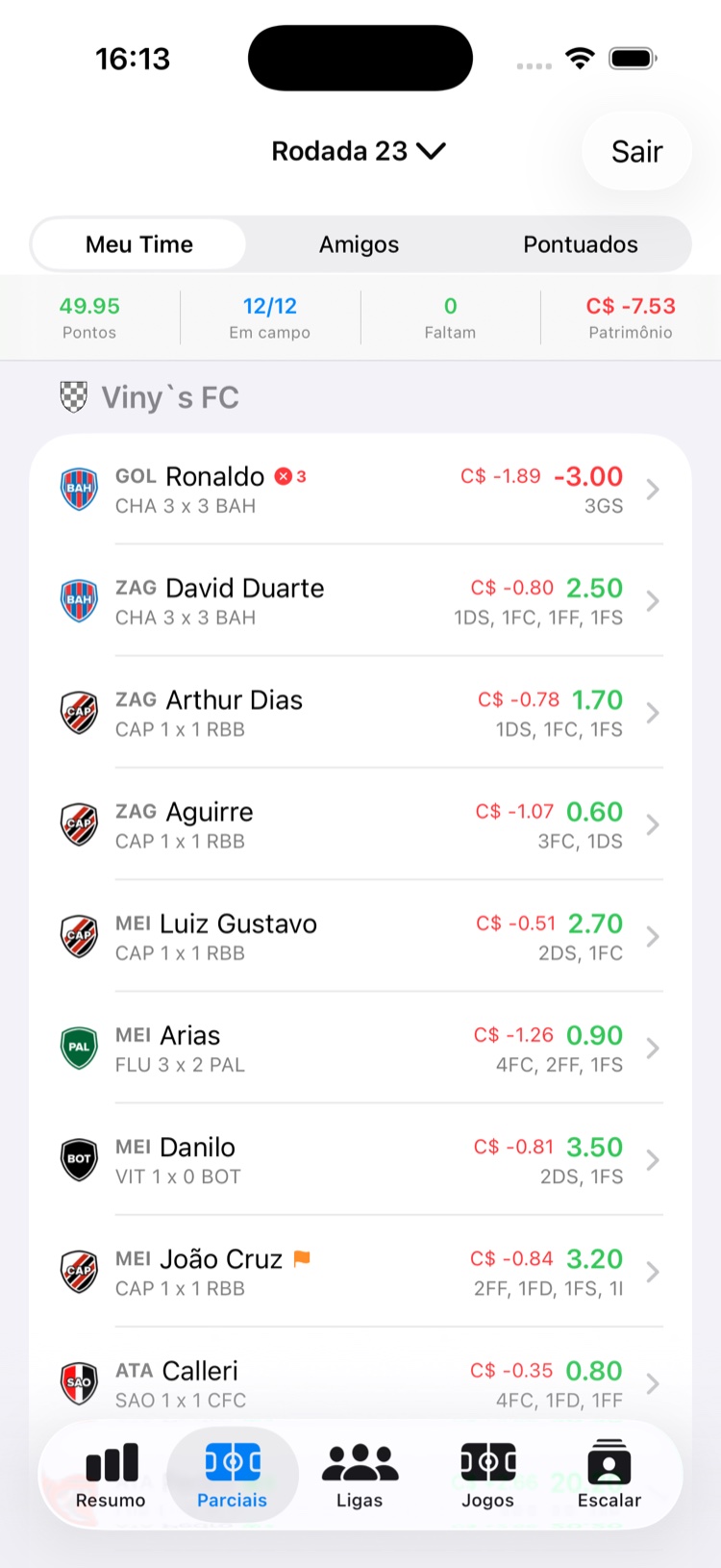 Tela de Parciais em tempo real