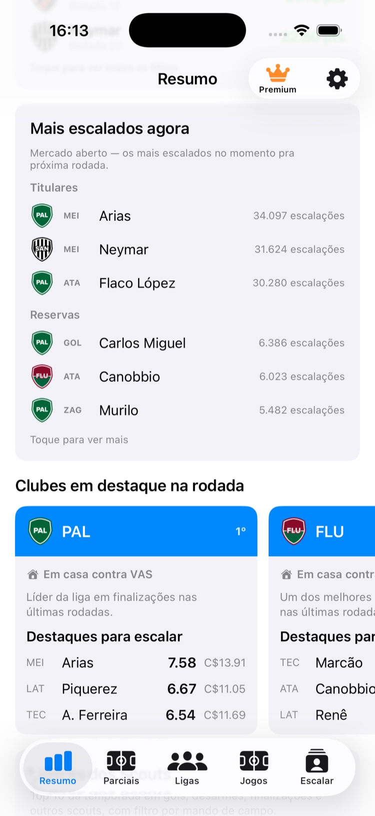Tela de Resumo do Cartoleiro FC